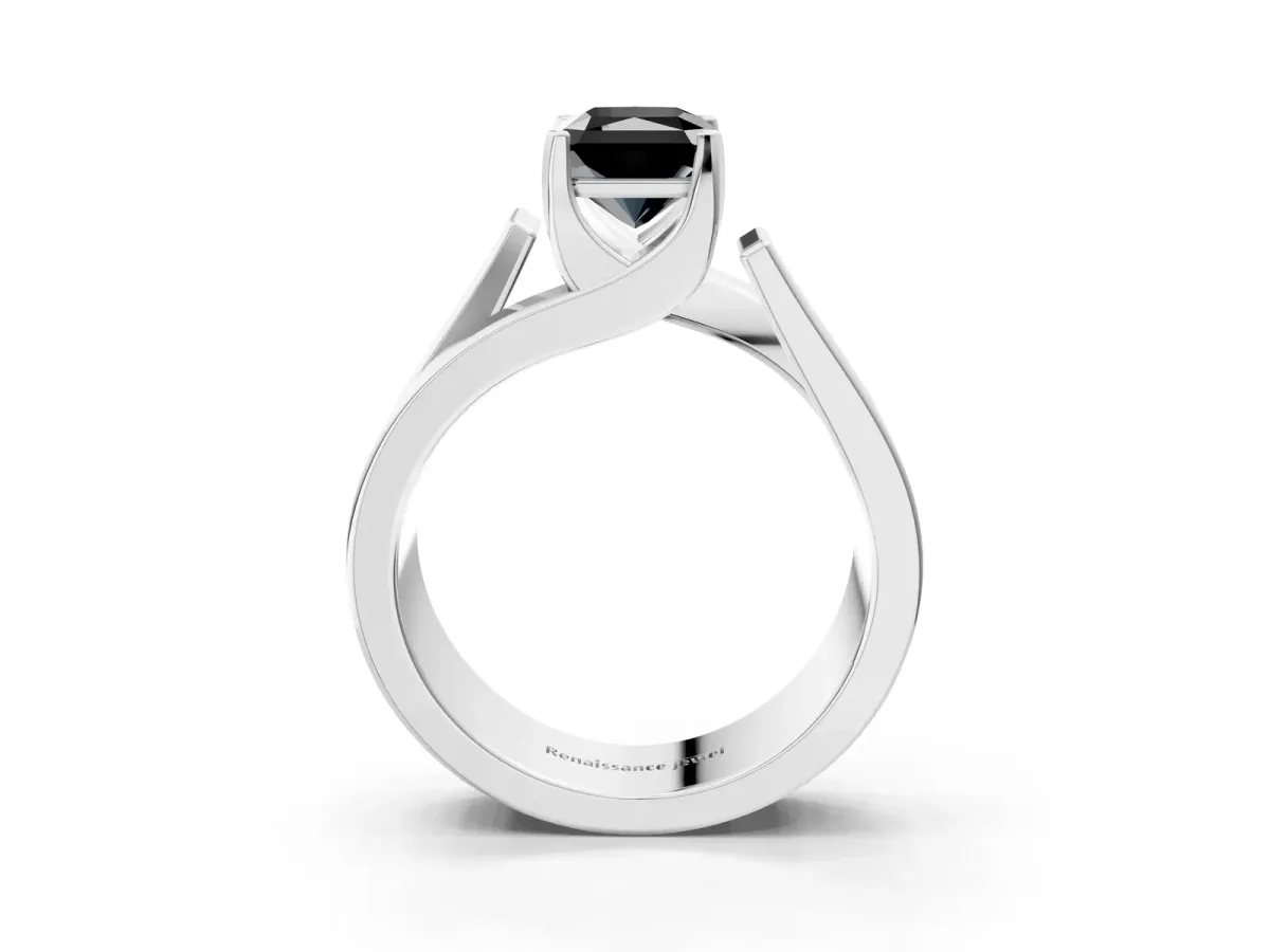 Fancy Black Modern Tension Set Radiant Cut Diamond Solitaire Wide Band Ring Platinum