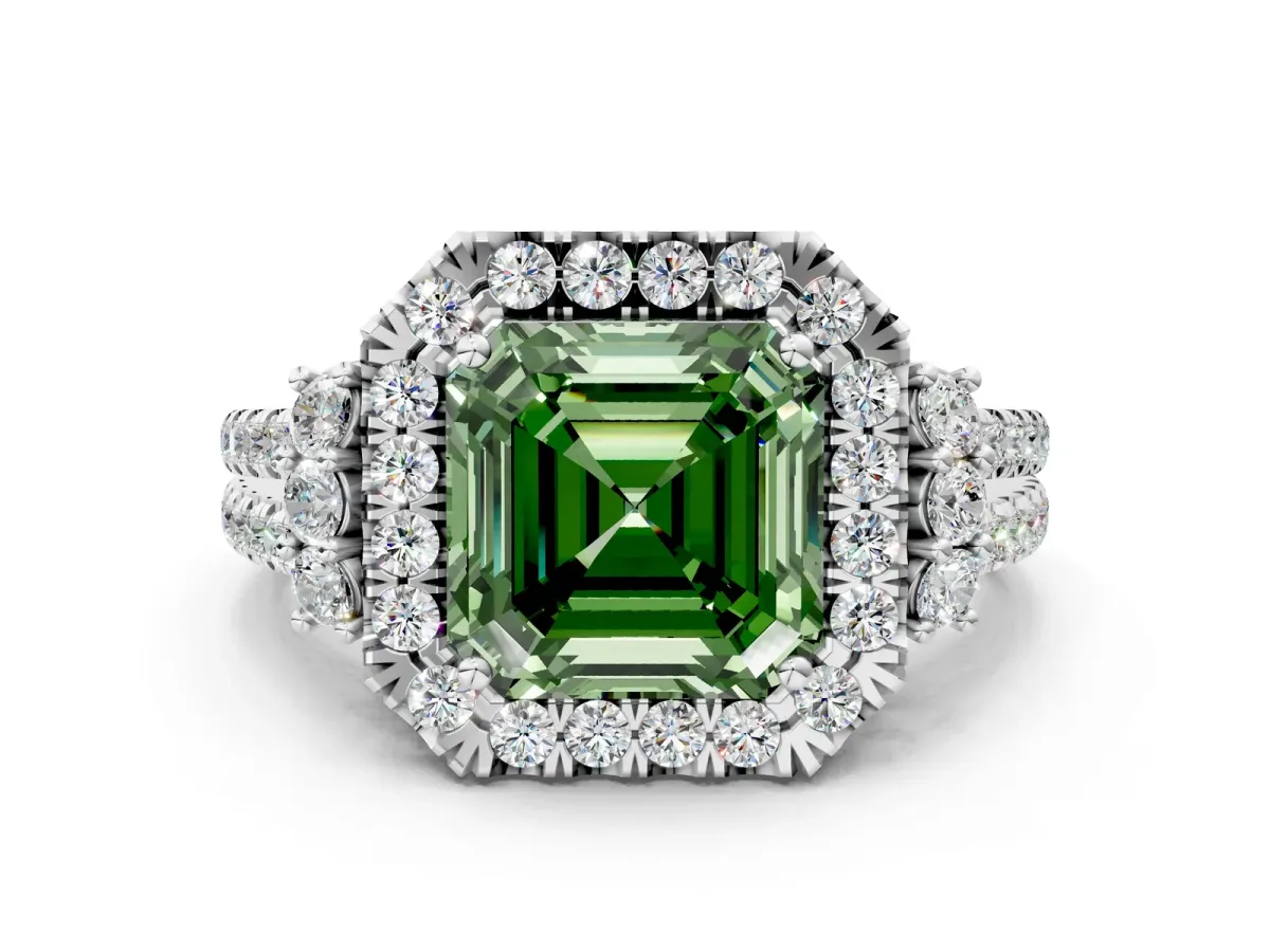Fancy Green Asscher Cut Cut Double Halo Diamond Engagement Ring with Pave Band and Four-Prong Setting Platinum