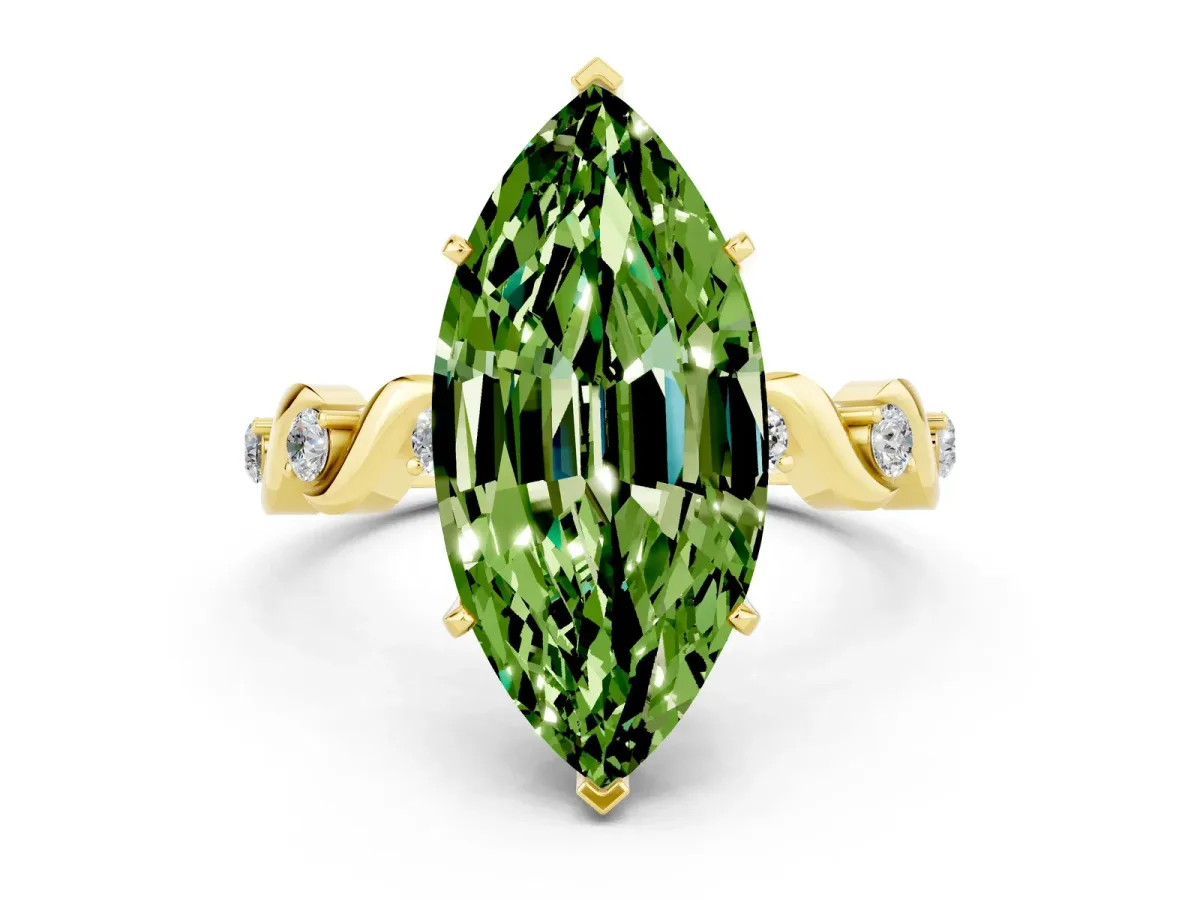 Marquise Cut Peridot Solitaire Twisted Band with Round Accents and Prong Setting Yellow gold