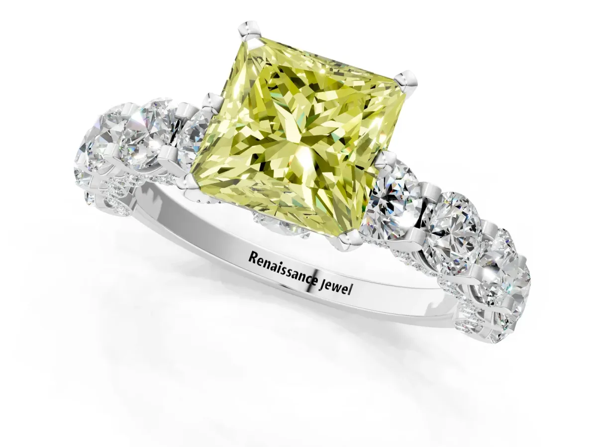 Fancy Yellow Princess Cut Diamond Side Stone Engagement Ring with Four-Prong Setting Silver