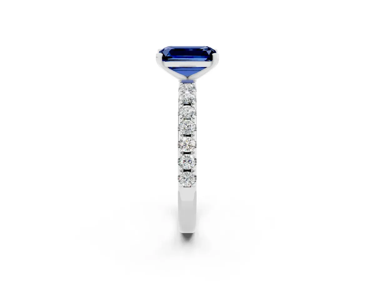 Emerald Cut Blue Sapphire Solitaire Pavé Band with Four-Prong Setting Silver