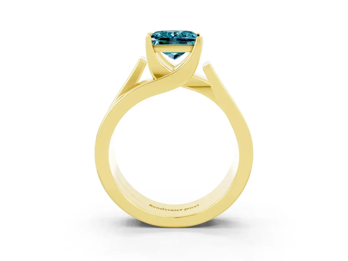 Modern Tension Set Princess Cut Blue Topaz Solitaire Wide Band Ring Yellow gold
