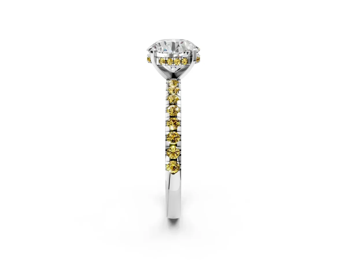 Round Cut Diamond Solitaire Ring with Round Yellow Sapphire Pavé Band and Four-Prong Setting White gold