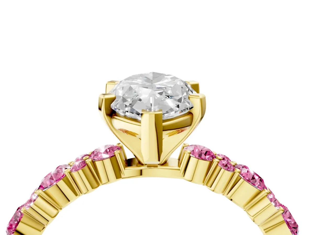 Marquise Cut Diamond Side Stone Solitaire Ring with Round Pink Sapphire and Four-Prong Setting Yellow gold