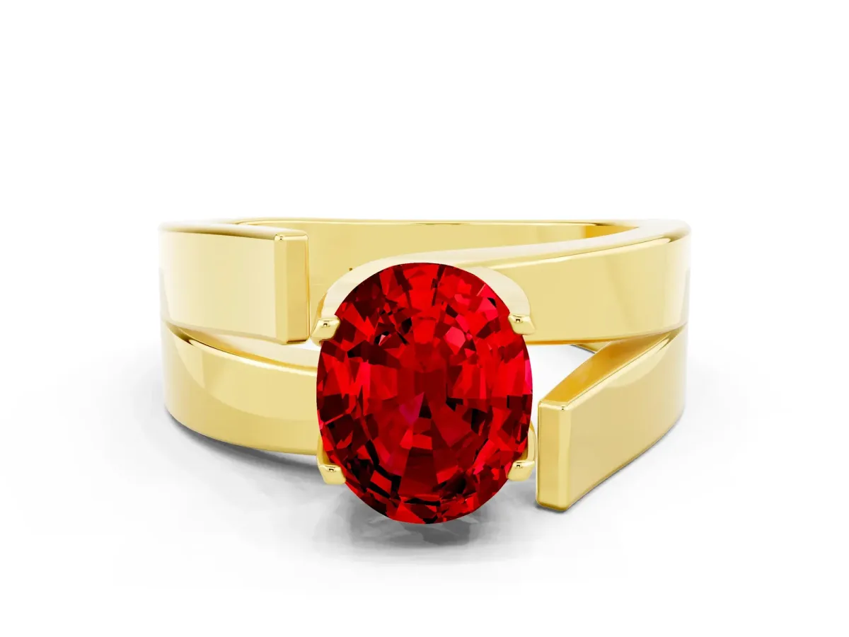 Modern Tension Set Oval Cut Ruby Solitaire Wide Band Ring Yellow gold