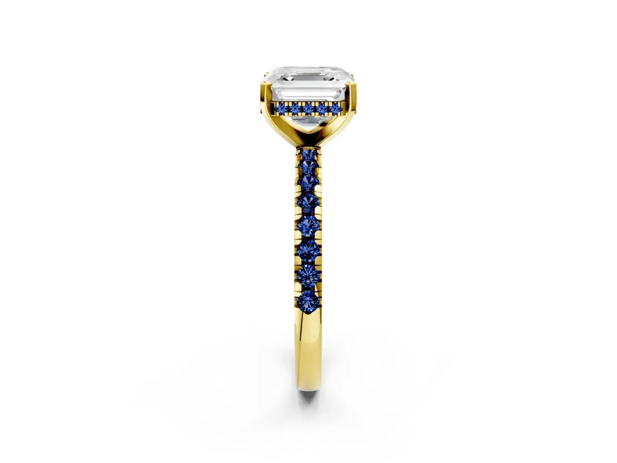 Asscher Cut Diamond Solitaire Ring with Round Blue Sapphire Pavé Band and Four-Prong Setting Yellow gold