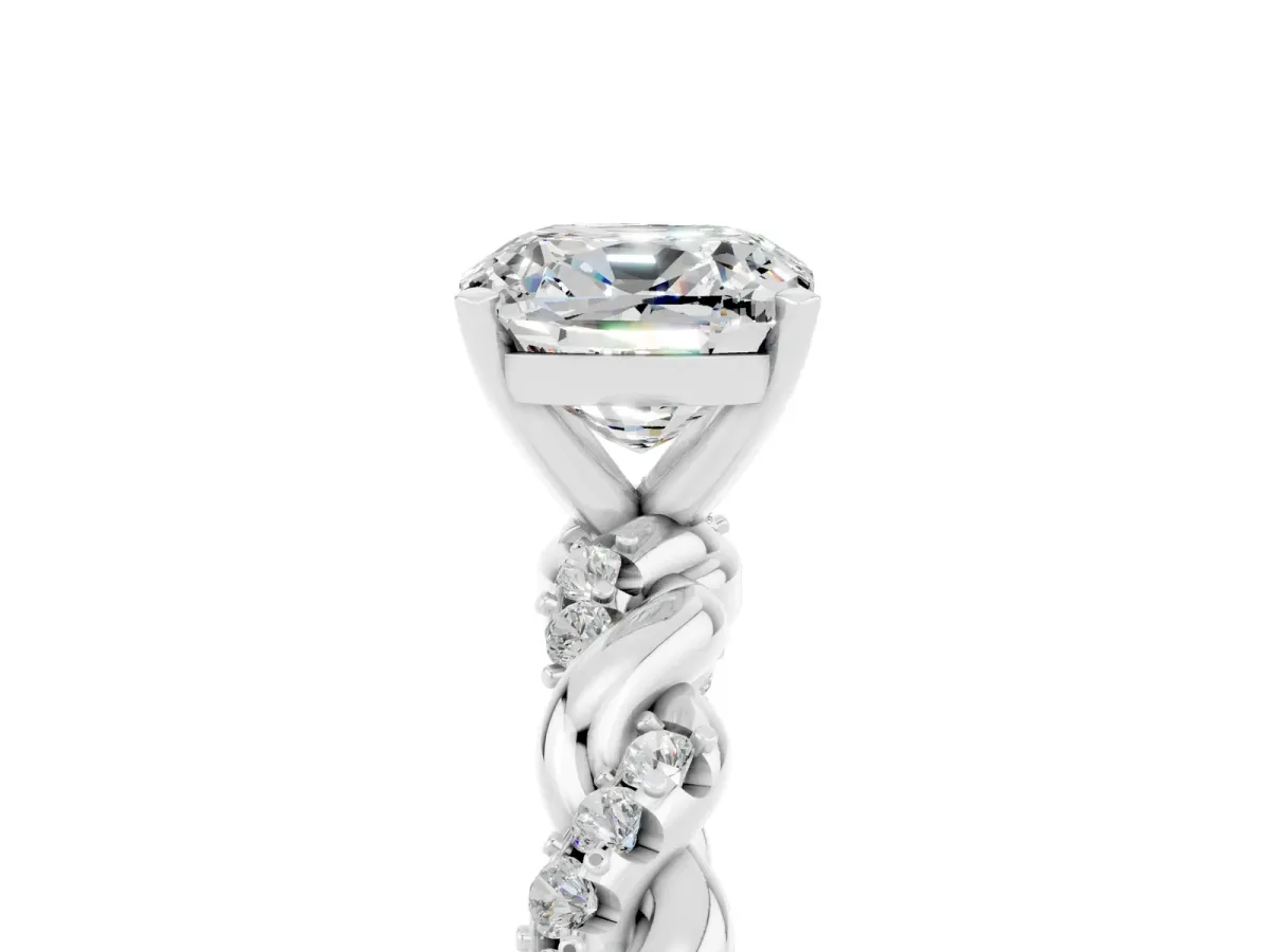 Cushion Cut Moissanite Solitaire Ring with Twisted Band and Pavé Accents White gold