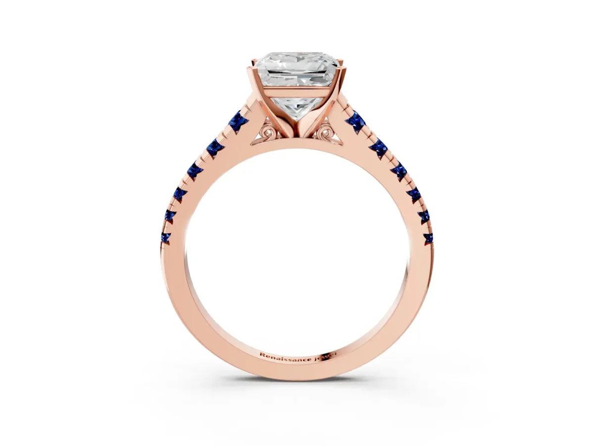 Princess Cut Diamond Cathedral Solitaire Ring with Round Blue Sapphire Pavé Band Rose gold