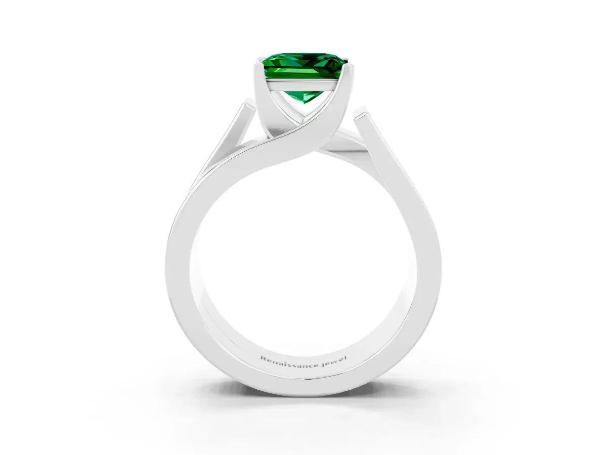Modern Tension Set Princess Cut Emerald Solitaire Wide Band Ring Platinum