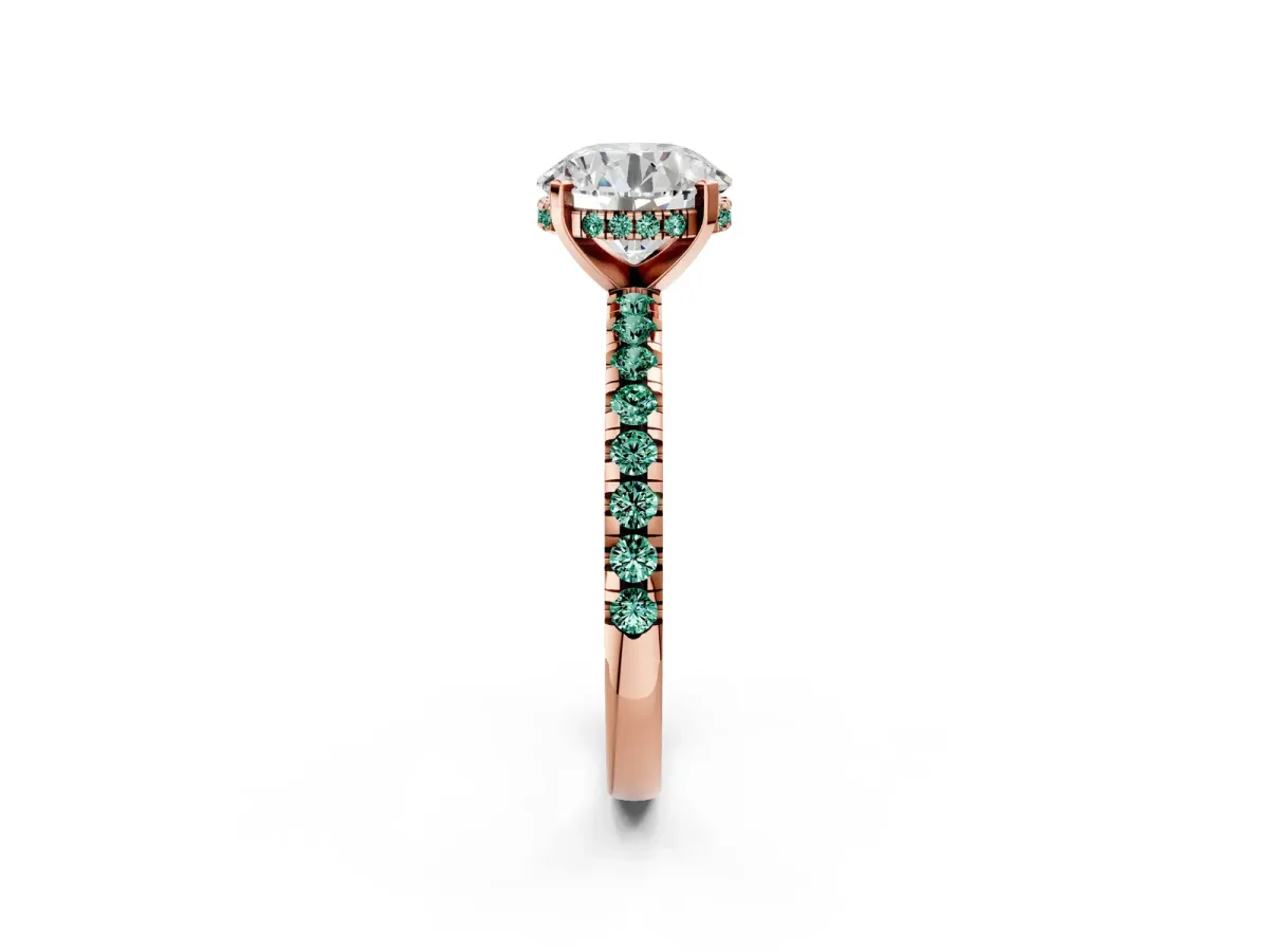 Round Cut Diamond Solitaire Ring with Round Green Sapphire Pavé Band and Four-Prong Setting Rose gold