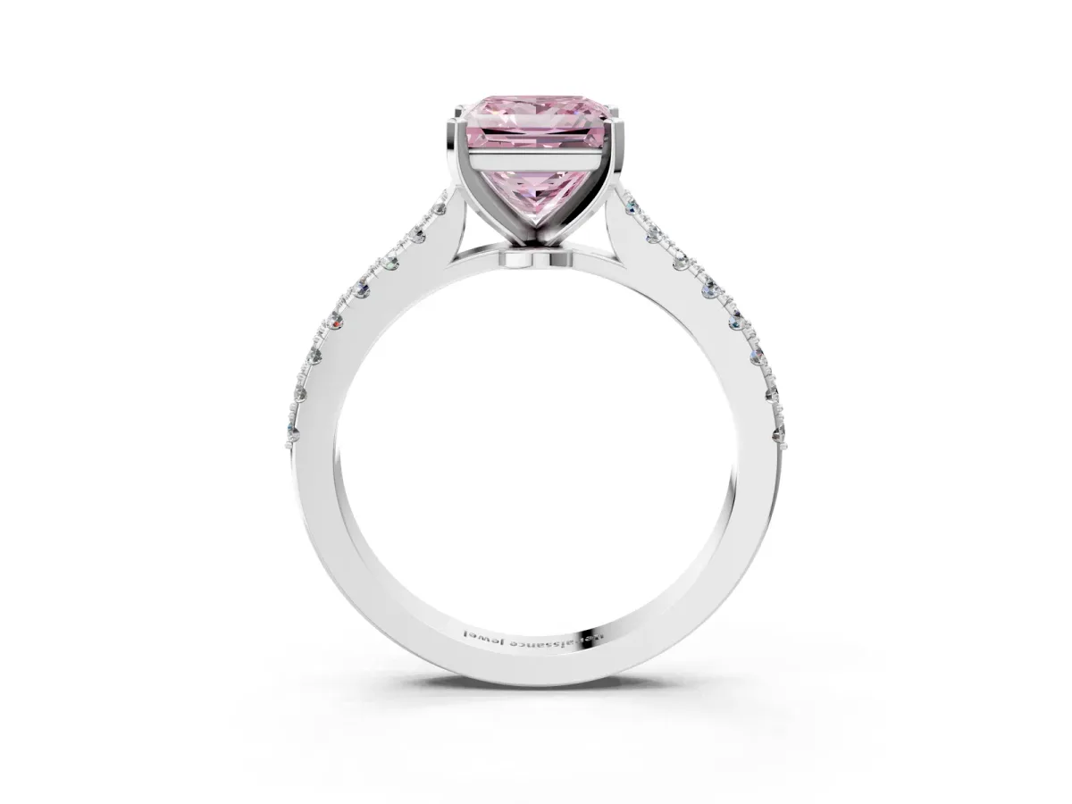 Fancy Pink Princess Cut Cut Solitaire Diamond Engagement Ring with Pave Band and Four-Prong Setting White gold