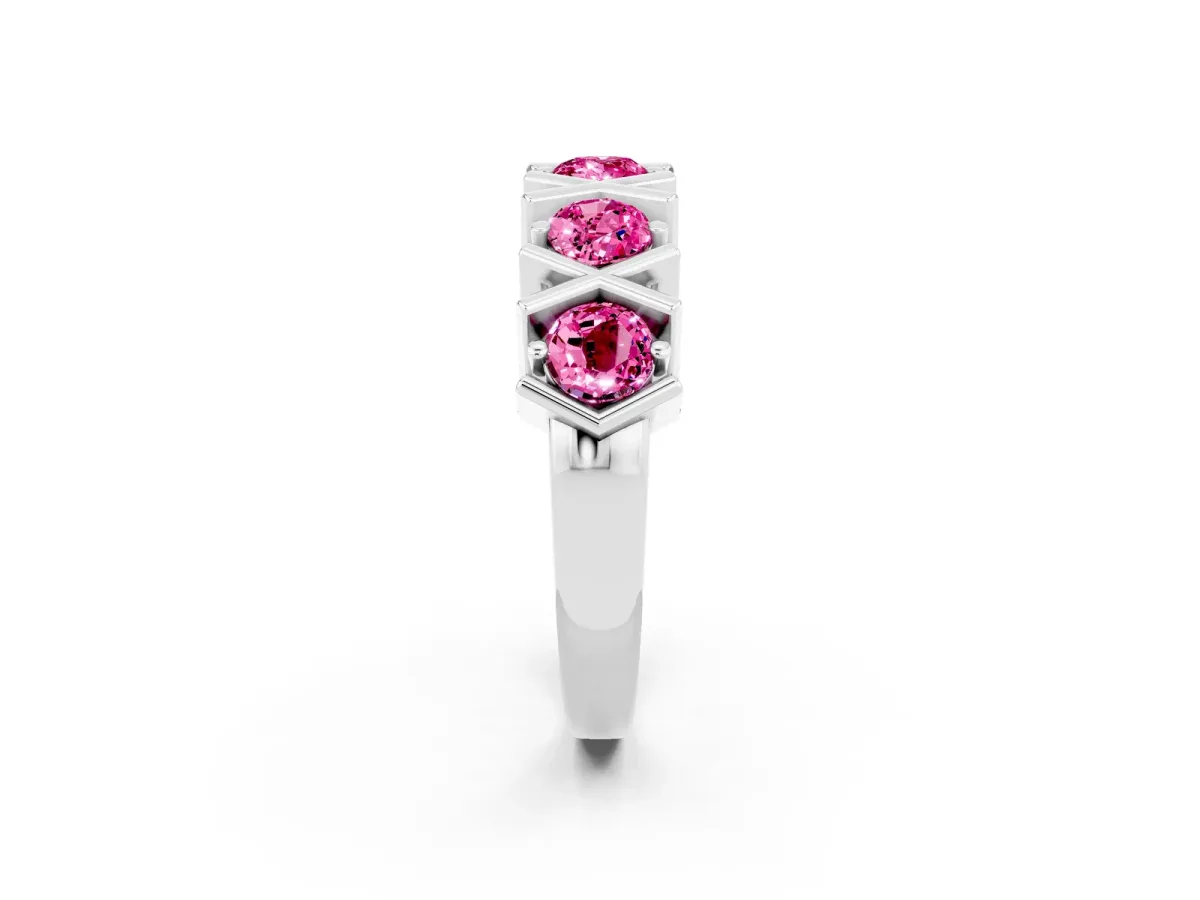 Round Pink Sapphire Channel Set Band with X-Prong Detail Platinum