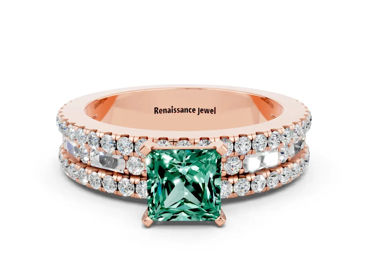 Princess Cut Green Sapphire Solitaire Ring with Pavé and Channel Set Band Rose gold