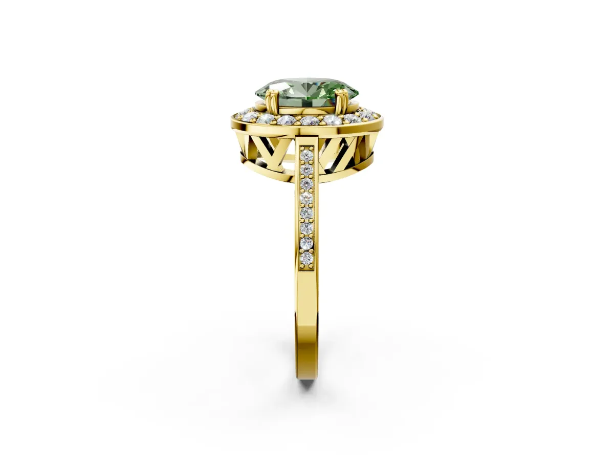 Fancy Green Oval Cut Diamond Halo Ring with Split Shank and Four-Prong Setting Yellow gold