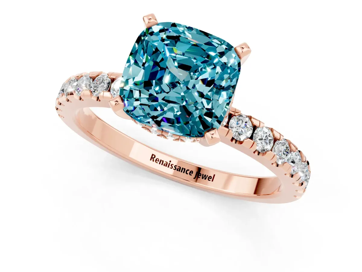 Cushion Cut Blue Topaz Solitaire Ring with Round Pavé Band and Four-Prong Setting Rose gold