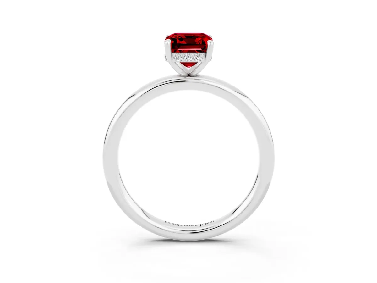 Emerald Cut Ruby Solitaire Ring with Thin Band and Four-Prong Setting White gold