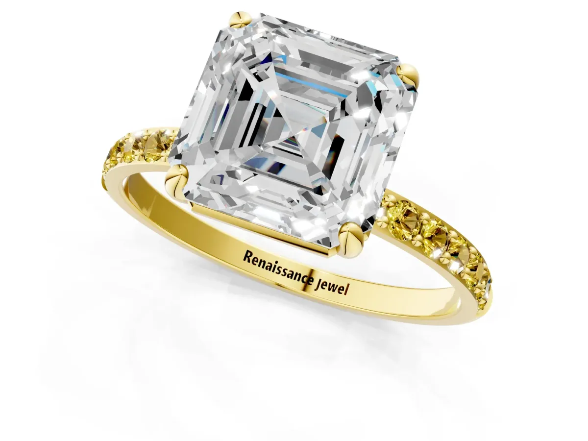 Asscher Cut Diamond Solitaire Ring with Round Yellow Sapphire Pavé Band and Prong Setting Yellow gold