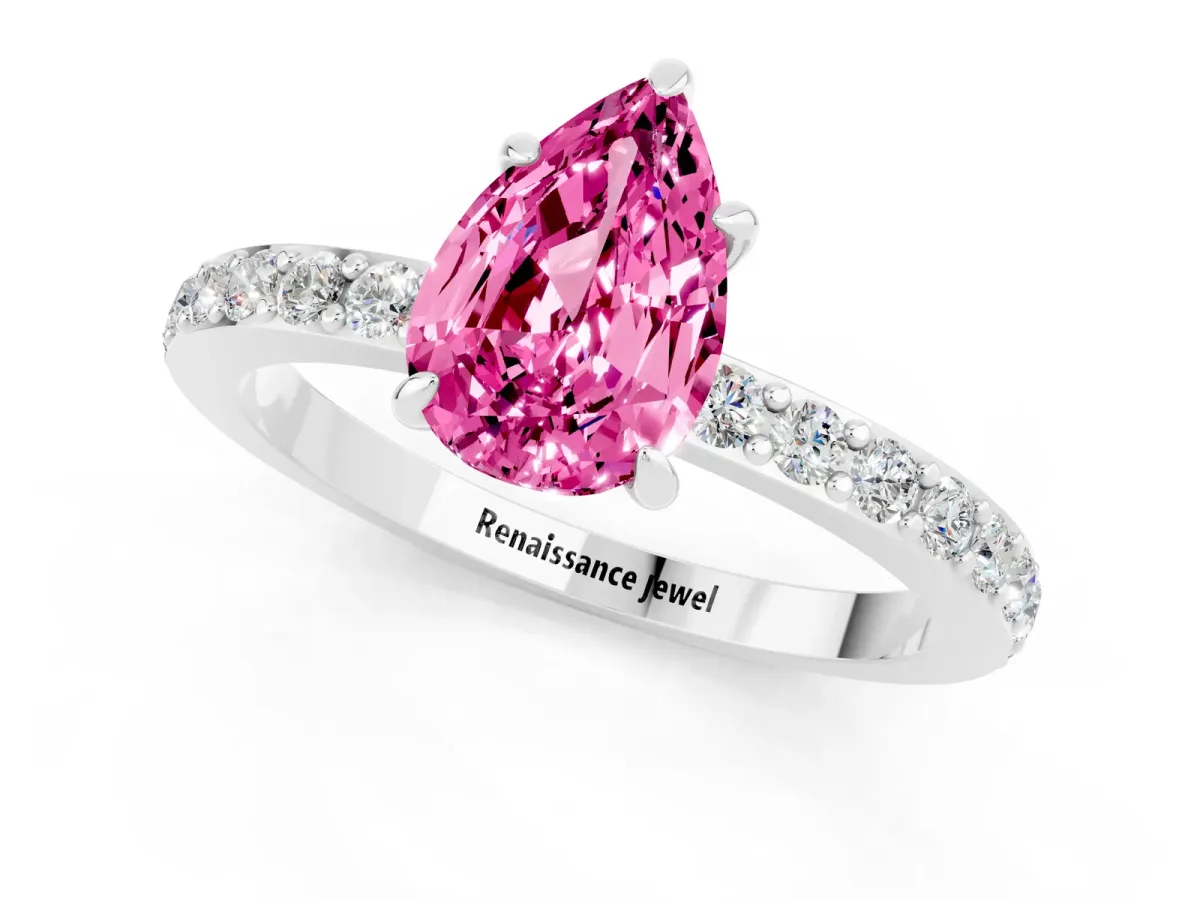 Pear Cut Pink Sapphire Solitaire Engagement Ring with Pavé Band and Four-Prong Setting White gold