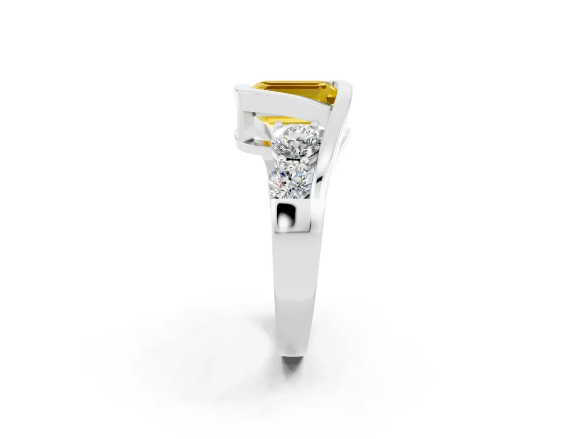 Bezel Set Emerald Cut Yellow Sapphire Bypass Ring with Round Accents Silver