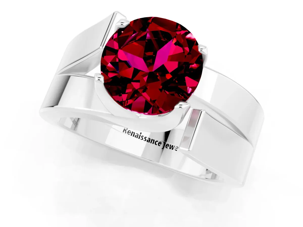 Modern Tension Set Round Cut Garnet Solitaire Wide Band Ring Platinum