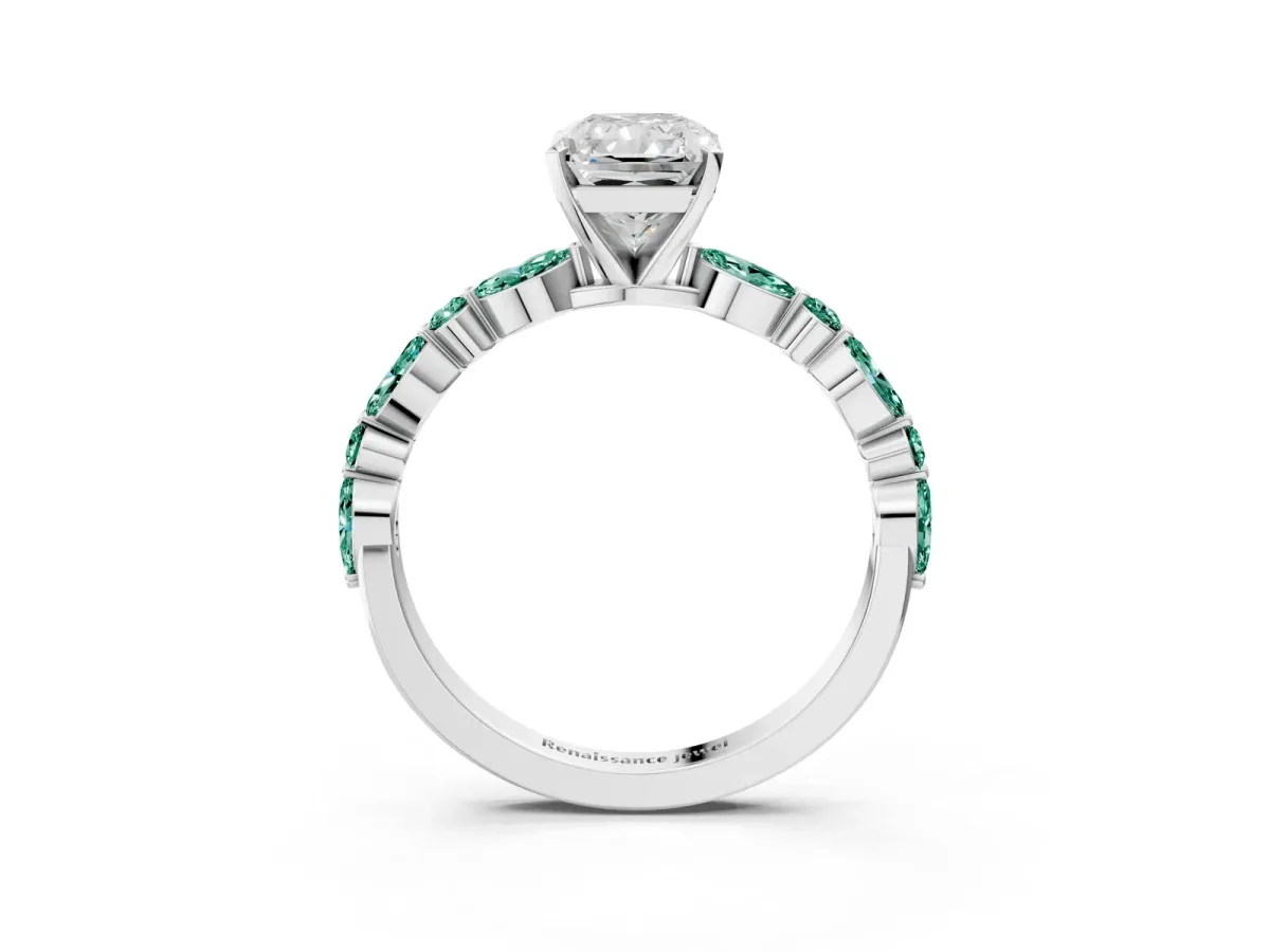 Radiant Cut Diamond Ring with Marquise and Round Green Sapphire Side Stones and Four-Prong Setting Silver