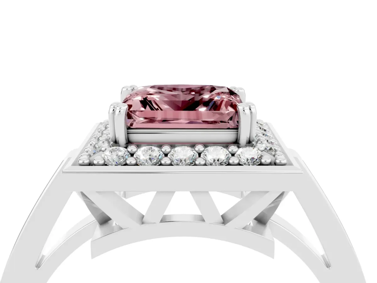 Princess Cut Morganite Halo Ring with Split Shank and Four-Prong Setting Platinum