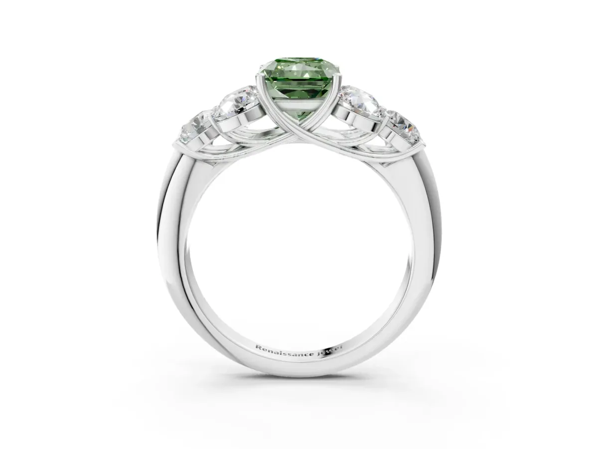 Fancy Green Radiant Cut Cut Diamond Cluster Ring with Round Accent Stones and Prong Setting on a Classic Band Platinum