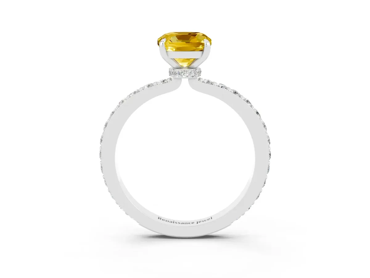 Cushion Cut Yellow Sapphire Solitaire Engagement Ring with Pavé Band and Four-Prong Setting White gold