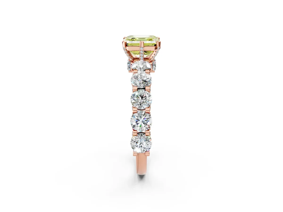 Fancy Yellow Asscher Cut Diamond Side Stone Engagement Ring with Four-Prong Setting Rose gold