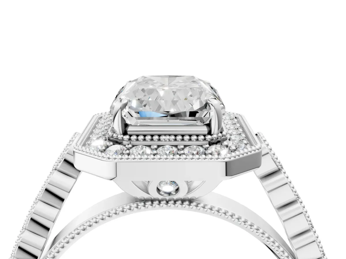 Radiant Cut Halo Milgrain Solitaire with Bezel Set Side Stones and Pave Band Platinum