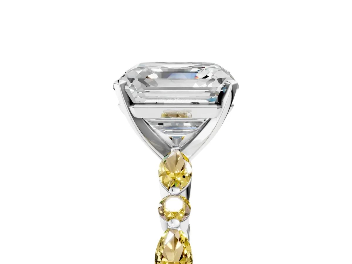 Asscher Cut Diamond Ring with Marquise and Round Yellow Sapphire Side Stones and Four-Prong Setting White gold