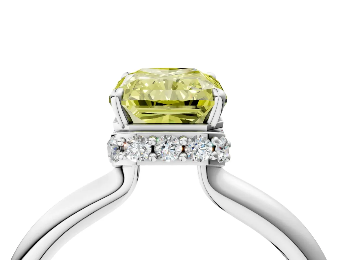 Fancy Yellow Radiant Cut Brilliant Solitaire Engagement Ring with Six-Prong Setting and Classic Band Platinum