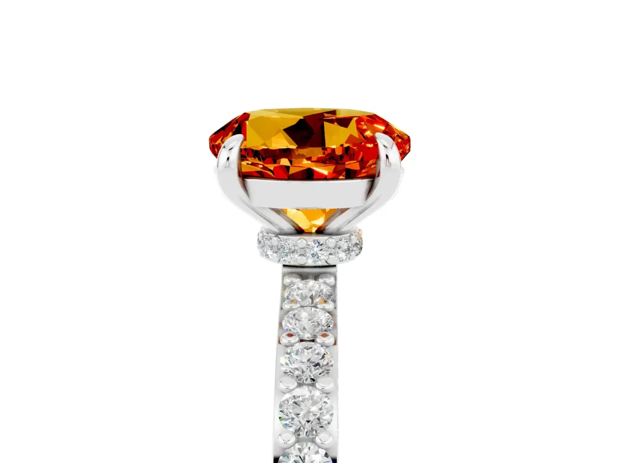 Round Cut Citrine Solitaire Engagement Ring with Pavé Band and Four-Prong Setting Silver