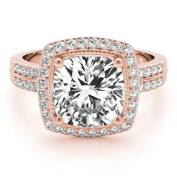 Cushion Cut Diamond Double Halo Ring with Split Shank and Four-Prong Setting Rose gold