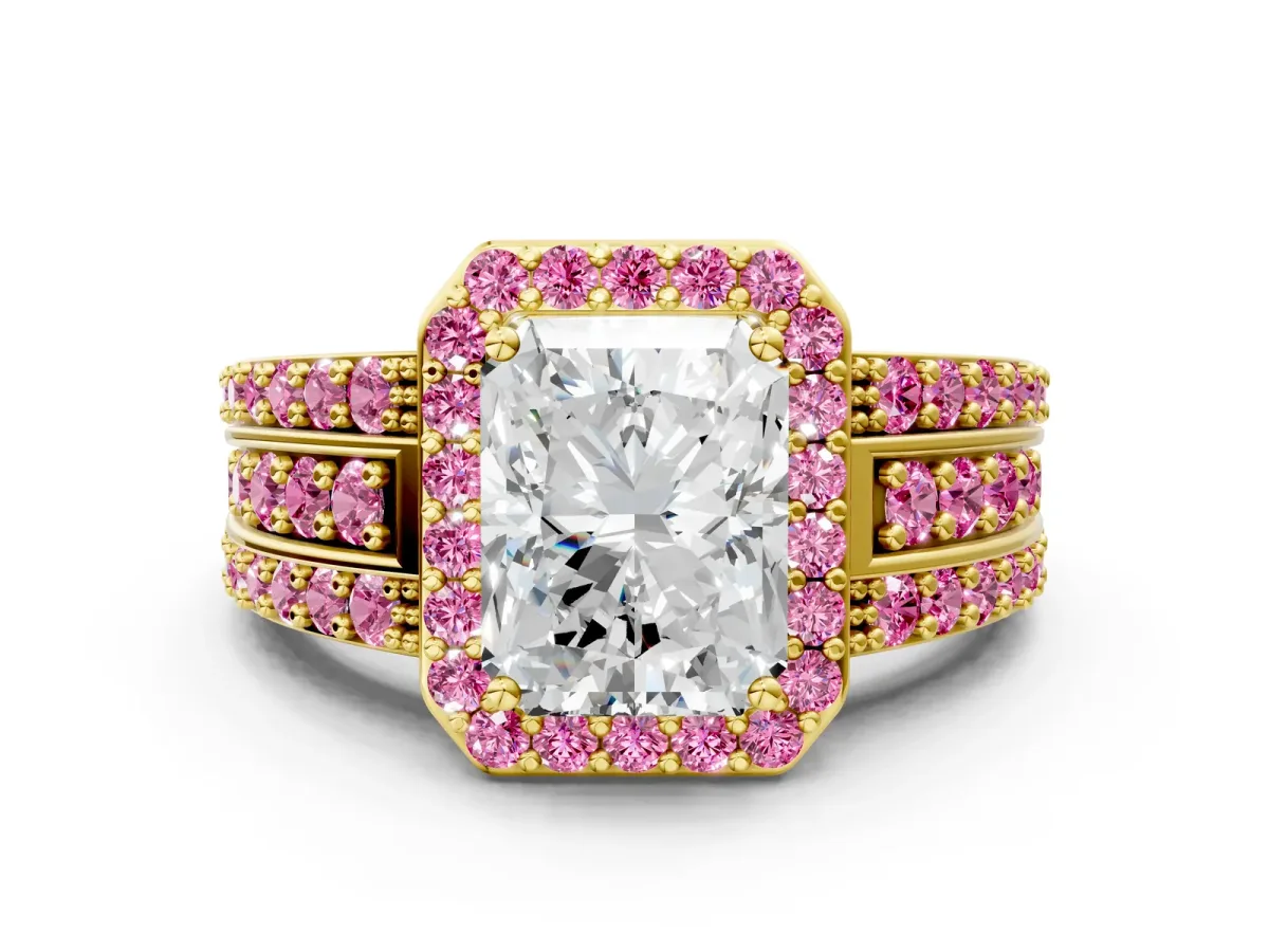 Radiant Cut Halo Diamond Ring with Round Pink Sapphire Split Shank and Prong Setting Yellow gold