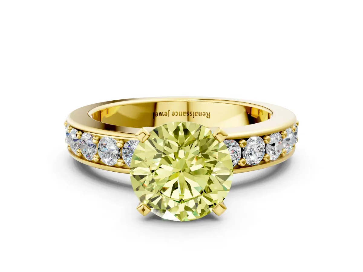 Fancy Yellow Round Cut Diamond Engagement Ring with Channel Set Round Band and Prong Setting Yellow gold