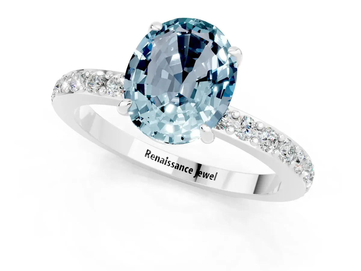 Oval Cut Aquamarine Solitaire Engagement Ring with Pavé Band and Four-Prong Setting White gold