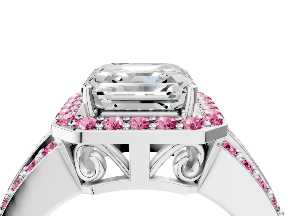 Asscher Cut Halo Diamond Ring with Round Pink Sapphire Split Shank and Prong Setting Silver