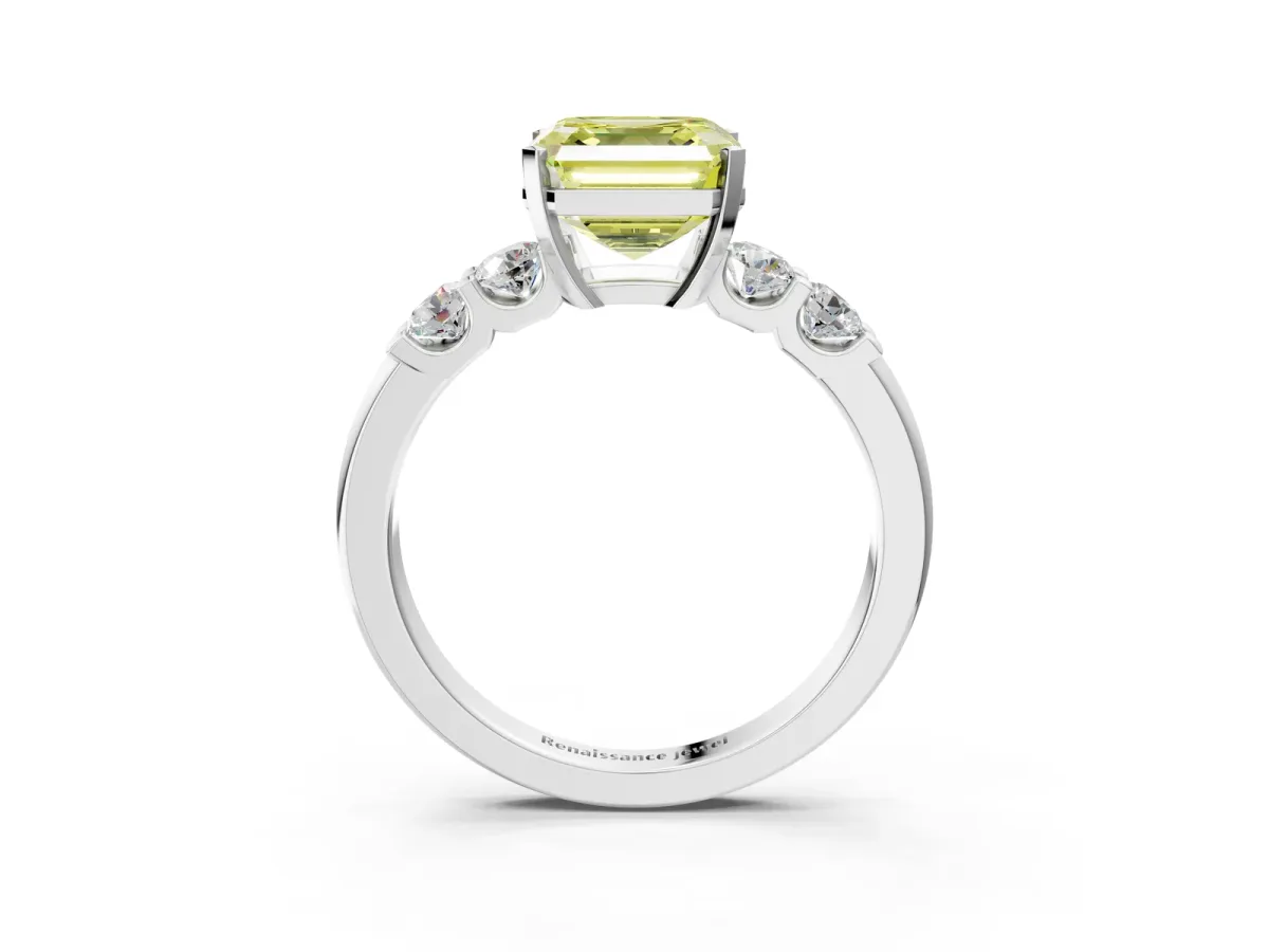 Fancy Yellow Asscher Cut Brilliant Cut Diamond Five-Stone Prong Set Engagement Ring with Channel Band Platinum