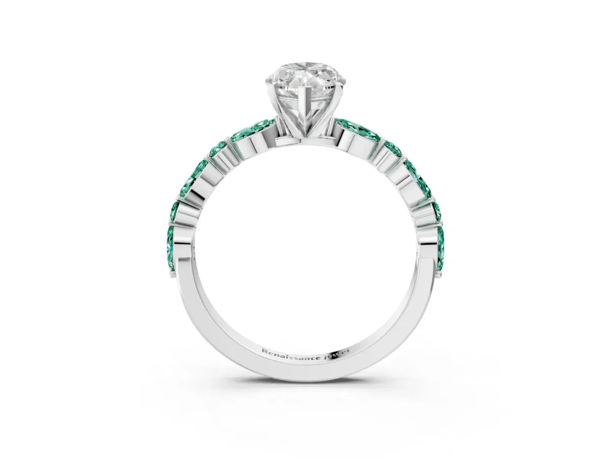 Marquise Cut Diamond Ring with Marquise and Round Green Sapphire Side Stones and Four-Prong Setting Platinum