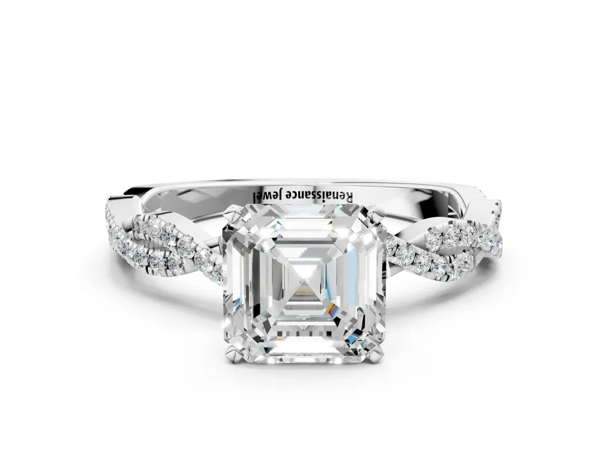 Asscher Cut Solitaire Twisted Pave Band with Four-Prong Setting Platinum