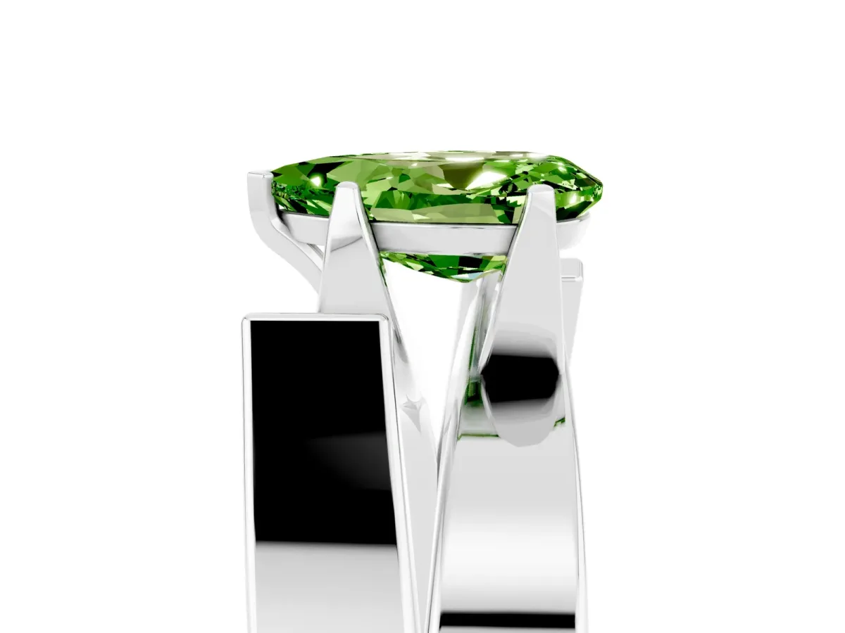 Modern Tension Set Pear Cut Peridot Solitaire Wide Band Ring Silver