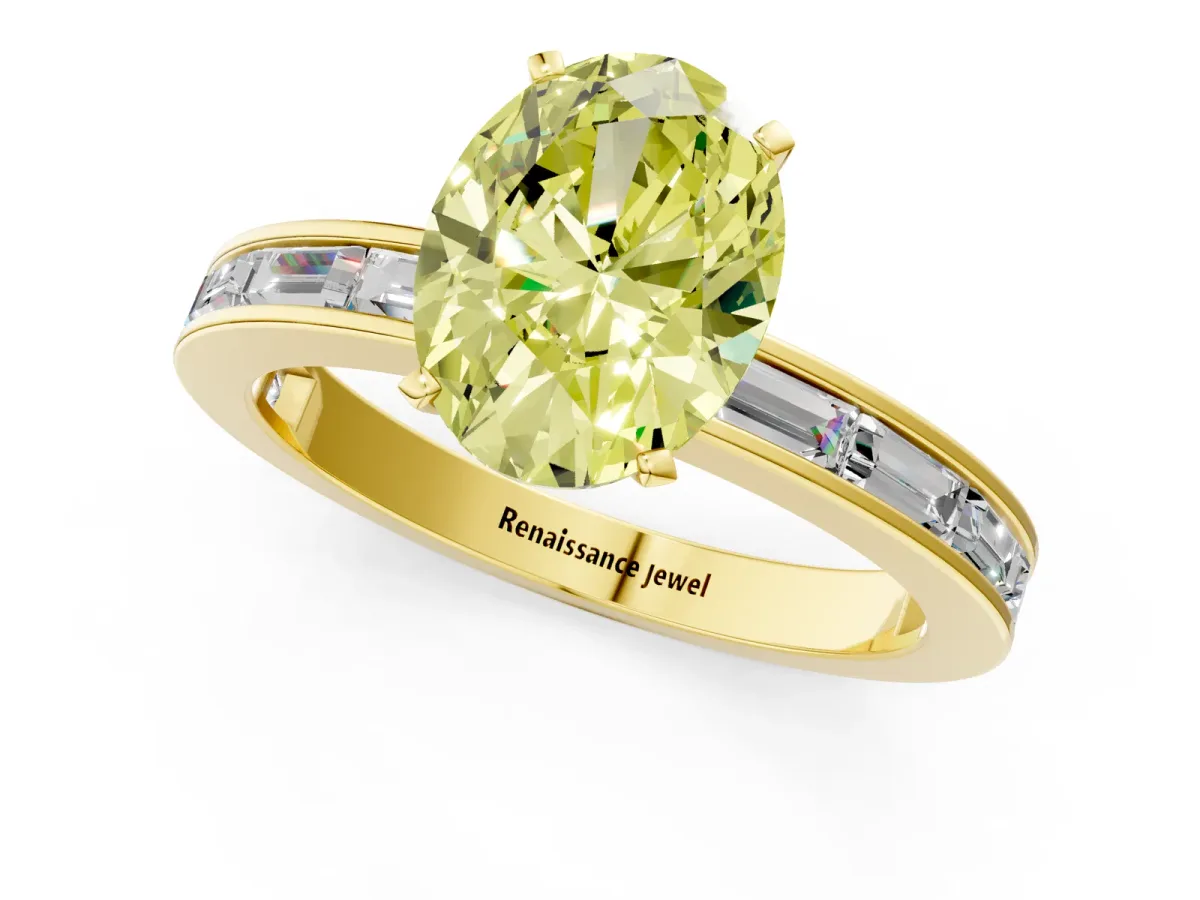 Fancy Yellow Oval Cut Solitaire Diamond Ring with Channel-Set Baguette Band and Four-Prong Setting Yellow gold