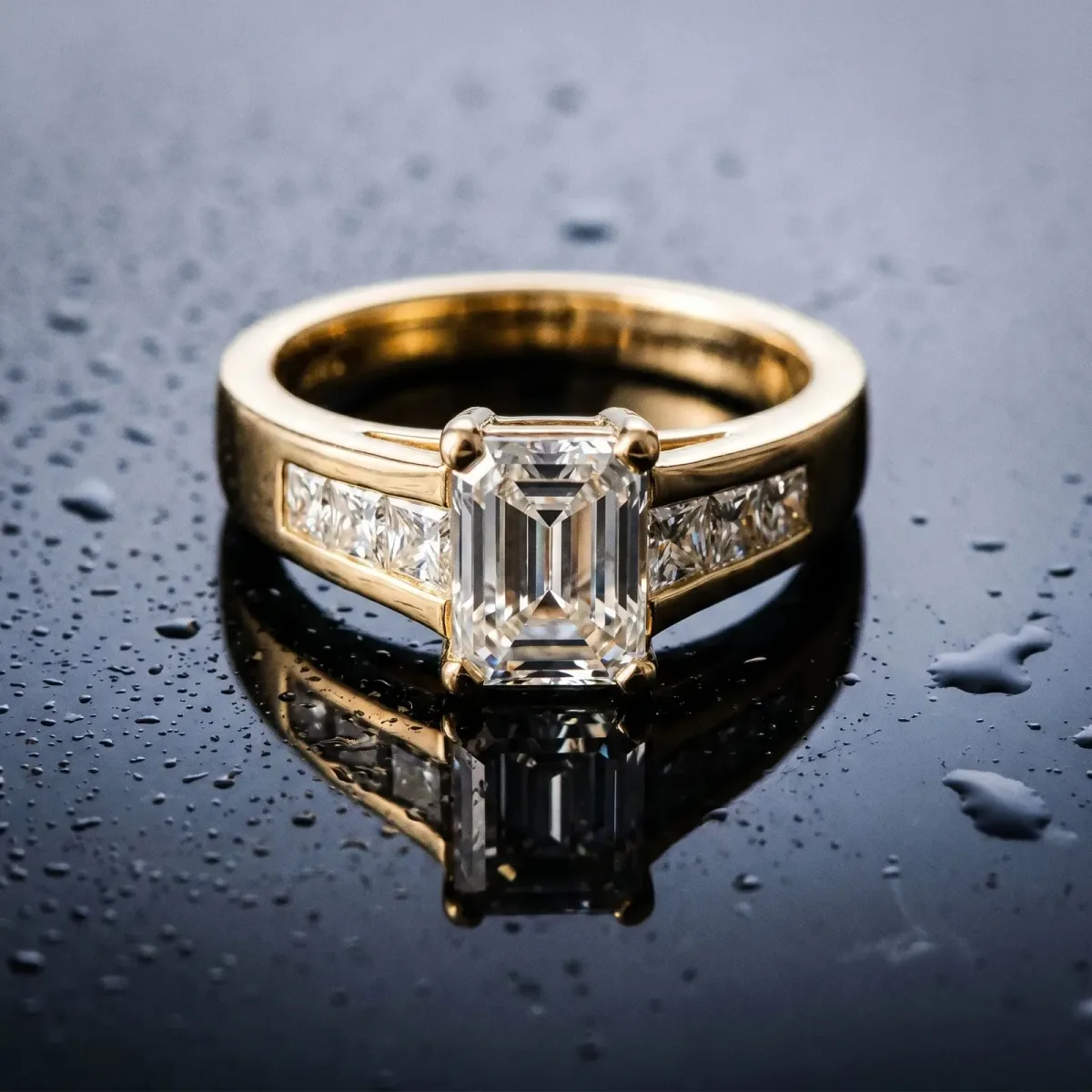 Emerald Cut Cut Channel Set Solitaire Ring with Four-Prong Setting Yellow gold