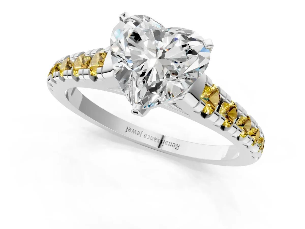 Heart Cut Diamond Cathedral Solitaire Ring with Round Yellow Sapphire Pavé Band White gold
