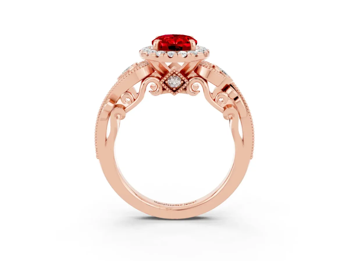 Oval Cut Ruby Halo Ring with Milgrain Pavé Band and Four-Prong Setting Rose gold
