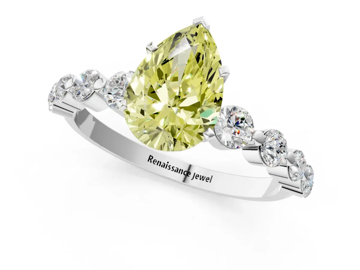 Fancy Yellow Pear Cut Solitaire Diamond Ring with Pave Band and Four-Prong Setting Platinum