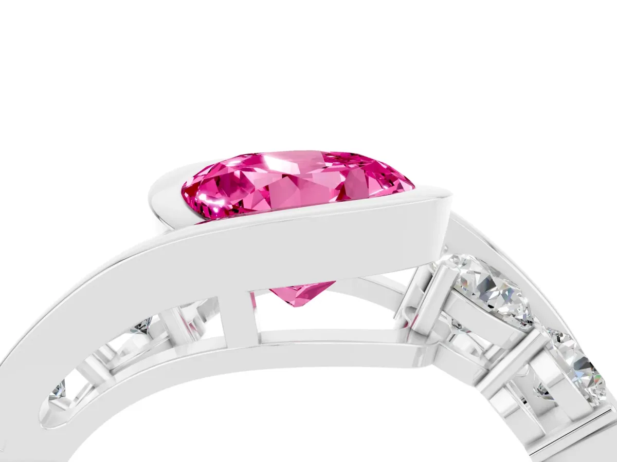 Bezel Set Round Cut Pink Sapphire Bypass Ring with Round Accents Silver