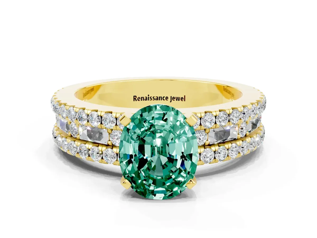 Oval Cut Green Sapphire Solitaire Ring with Pavé and Channel Set Band Yellow gold
