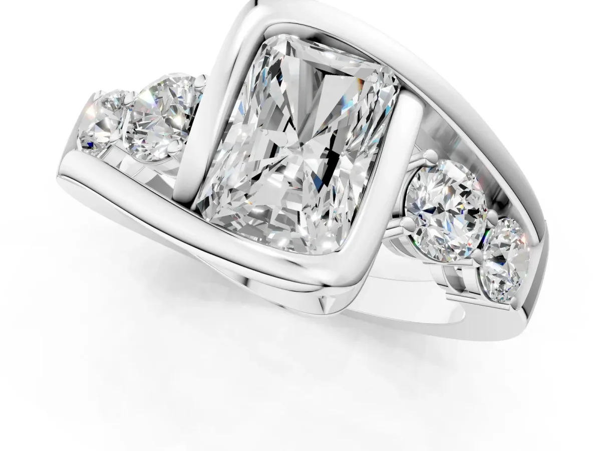 Bezel Set Radiant Cut Diamond Bypass Ring with Round Accents White gold